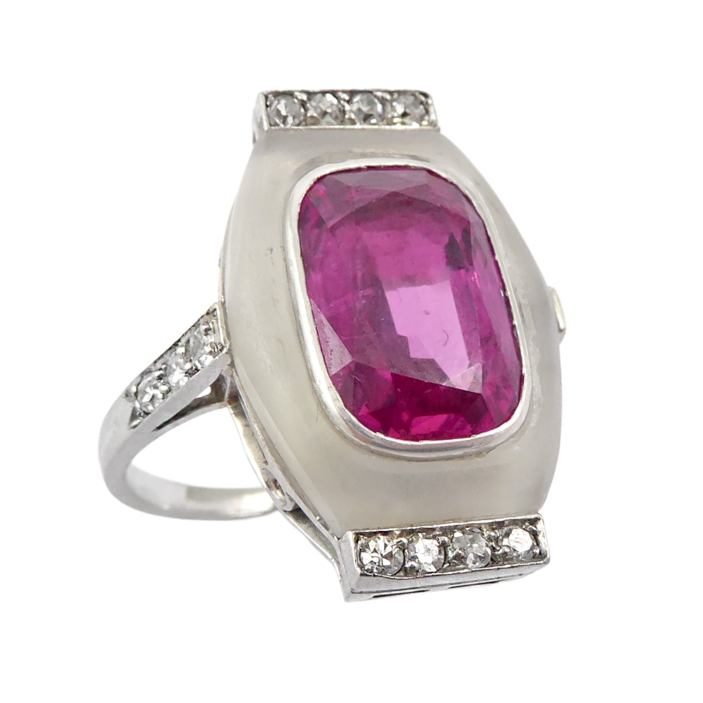 Pink sapphire, crystal and diamond oblong cluster ring, French, possibly by Rene Boivin, collet set with a cushion cut Burma pink sapphire,